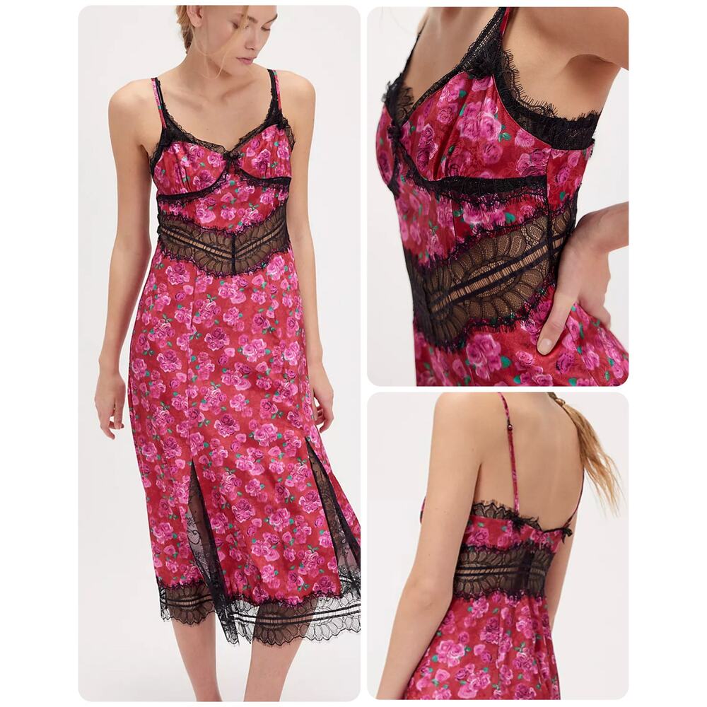 For Love & Lemons NWT Bellamy Floral Lace Slip Midi Dress Pink Black Size Small